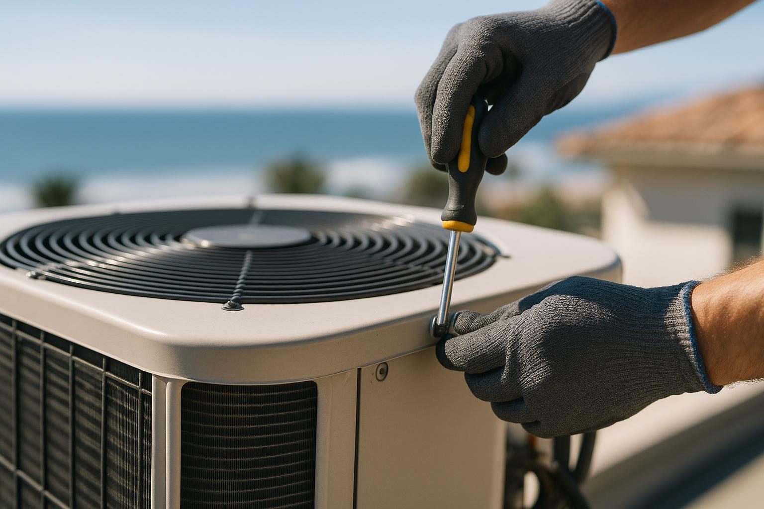 An HVAC technician servicing an air conditioner in Newport Beach